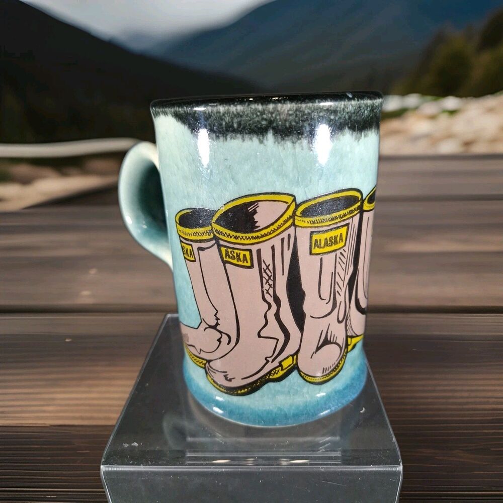 Tom's Pots Alaska Xtratuf  Boots Coffee Mug Ceramic Blue Black Glaze Art Pottery